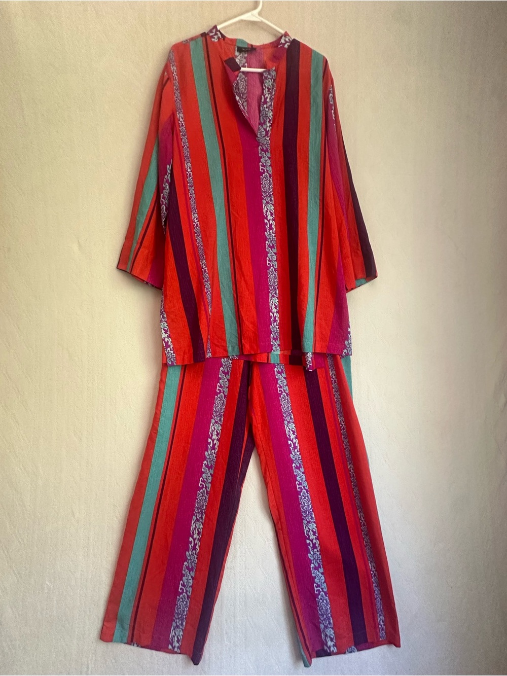 Natori Inju Mandarin Multi-color Striped Wide-Leg Pajama Lounge Set Sz XL Satin